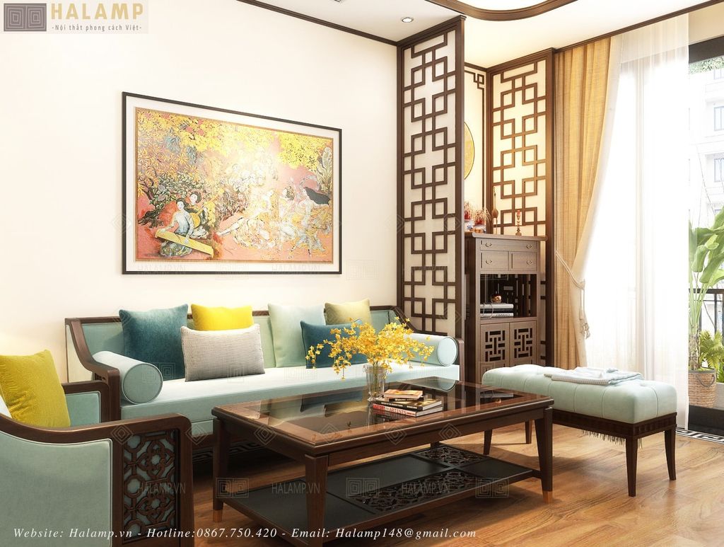 Mẫu sofa bọc vải nỉ khung gỗ nâu đen phong cách indochine nhẹ nhàng