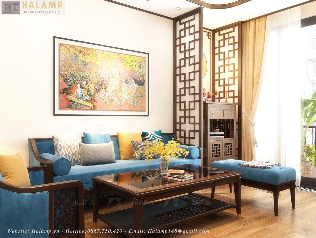 Mẫu sofa bọc vải nỉ khung gỗ nâu đen phong cách indochine nhẹ nhàng