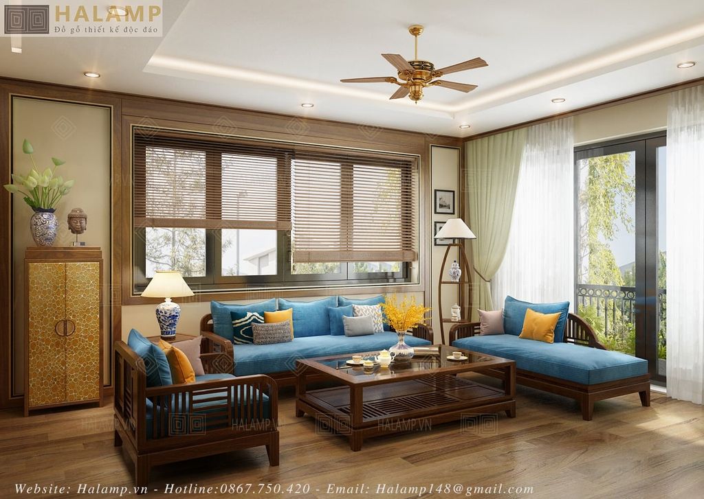 Bộ sofa gỗ và bàn trà đơn giản mà sang trọng