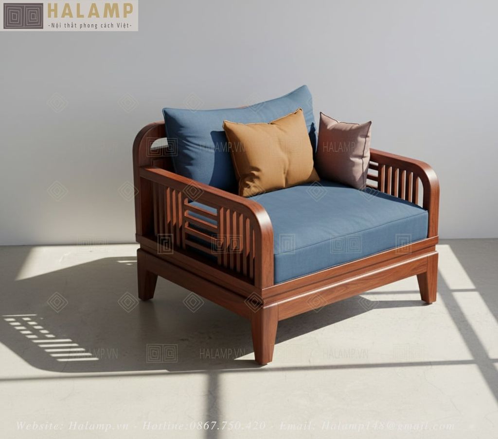 Sofa ghế đơn dài nội thất gỗ Việt đơn giản sang trọng