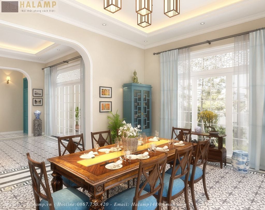 Bàn ăn trung tâm phòng ăn phong cách indochine nhẹ nhàng