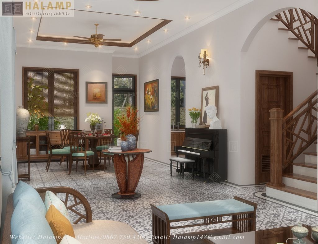 Không gian biệt thự phòng khách liên phòng ăn và bếp