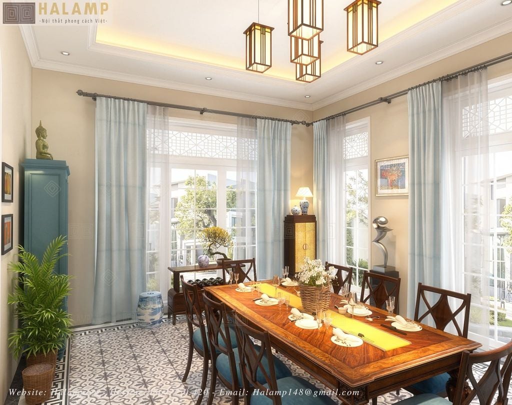 Bàn ăn trung tâm phòng ăn phong cách indochine nhẹ nhàng