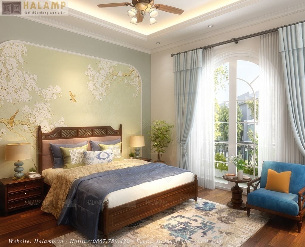 Thiết kế phòng ngủ bố mẹ phong cách indochine nhẹ nhàng
