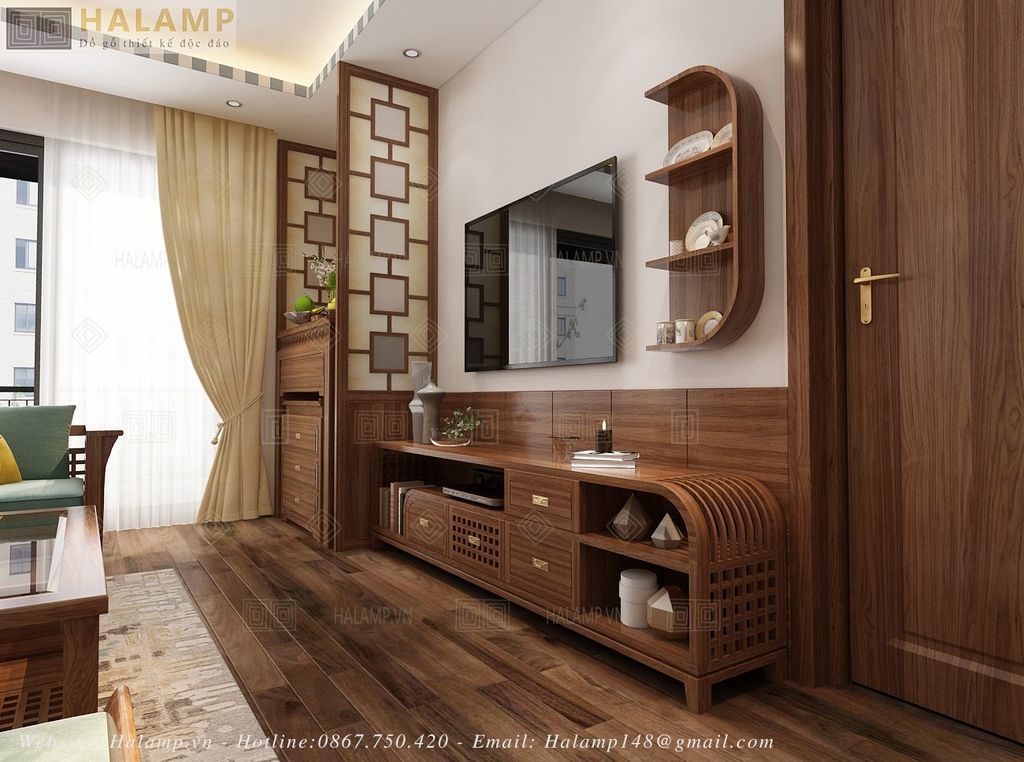 Thiết kế phương án kệ ti vi gỗ tự nhiên phù hợp với phòng khách