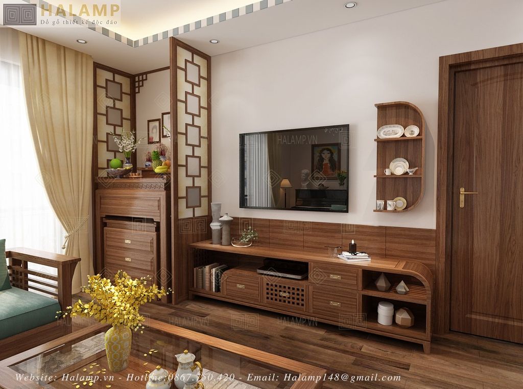 Thiết kế phương án kệ ti vi gỗ tự nhiên phù hợp với phòng khách