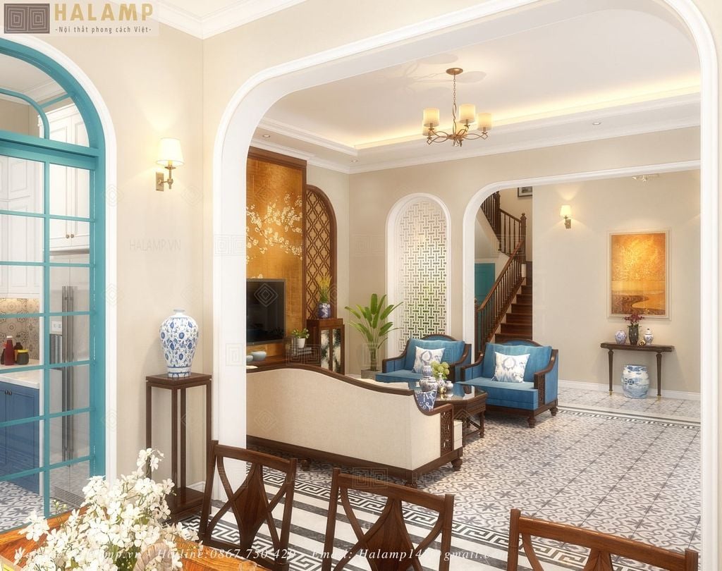 Góc nhìn từ phòng ăn ra phòng khách phong cách indochine