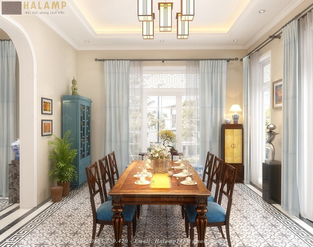 Bàn ăn trung tâm phòng ăn phong cách indochine nhẹ nhàng
