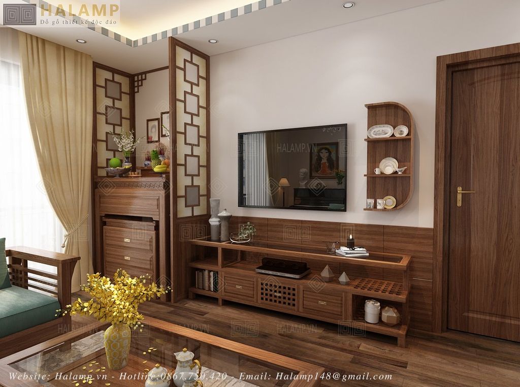 Thiết kế phương án kệ ti vi gỗ tự nhiên phù hợp với phòng khách