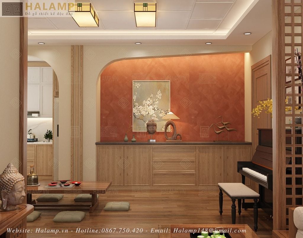 Góc nhìn khu vực bếp và bàn ăn căn hộ theo phong cách Trà Thiền