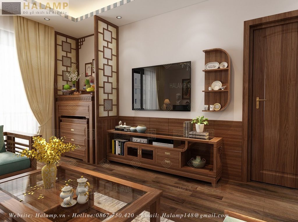 Thiết kế phương án kệ ti vi gỗ tự nhiên phù hợp với phòng khách
