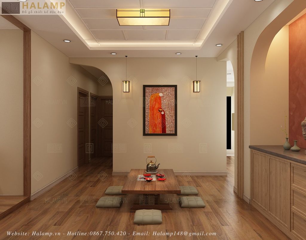 Góc nhìn khu vực bếp và bàn ăn căn hộ theo phong cách Trà Thiền