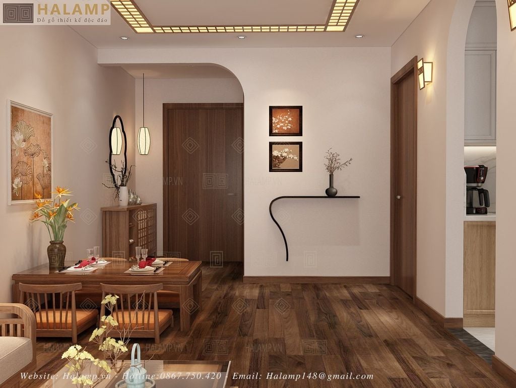 Góc nhìn từ phòng khách về sảnh và khu bàn ăn
