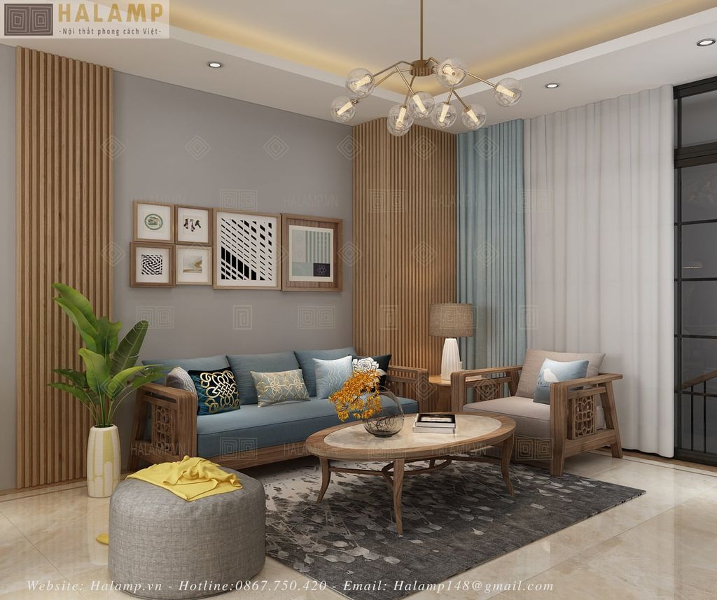 Sofa gỗ Việt hiện đại trong không gian phòng khách