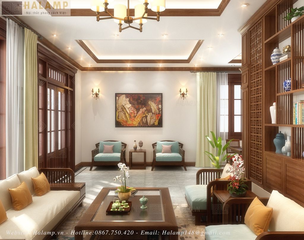 Thiết kế nội thất phòng khách biệt thự ở làng quê ngoại ô Hà Nội