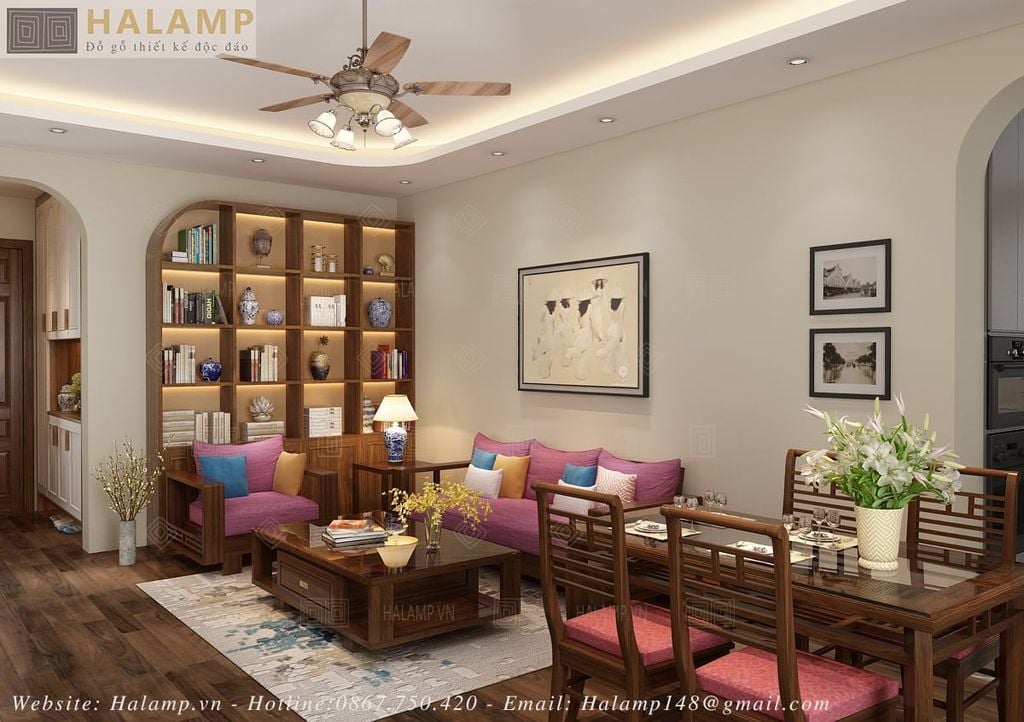 Sofa gỗ Việt tay vuông hiện đại trong thiết kế phòng khách chung cư