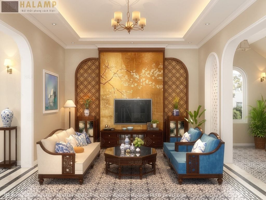 Thiết kế phòng khách indochine nhẹ nhàng