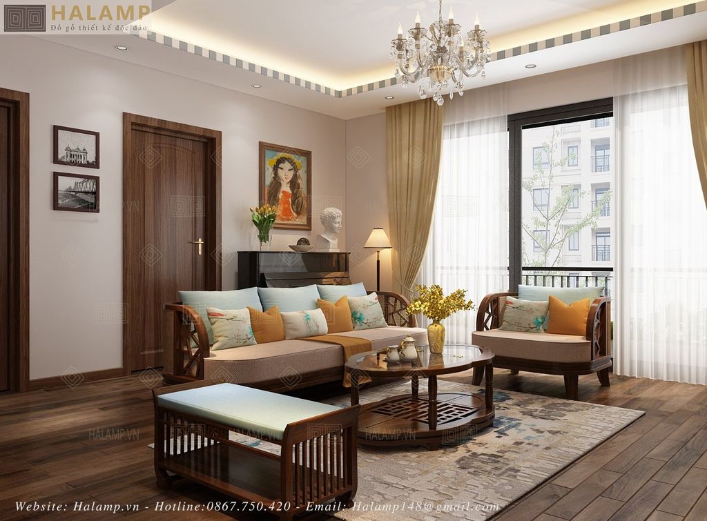 Bộ sofa gỗ tự nhiên cho phòng khách chung cư