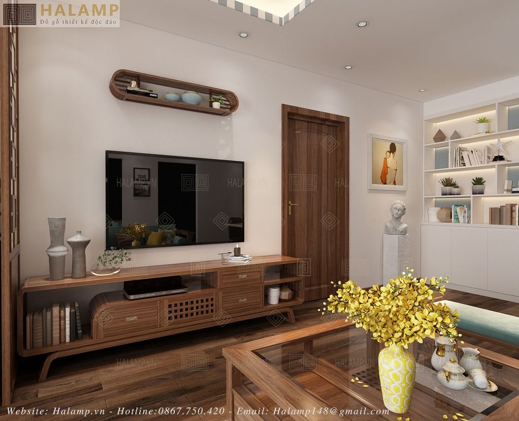 Thiết kế phương án kệ ti vi gỗ tự nhiên phù hợp với phòng khách