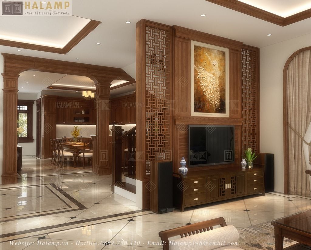 Thiết kế phòng khách biệt thự phong cách Việt Á Đông