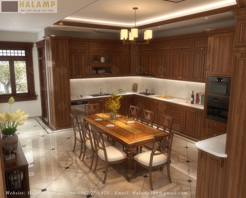 Khu vực bếp và bàn ăn gỗ tự nhiên