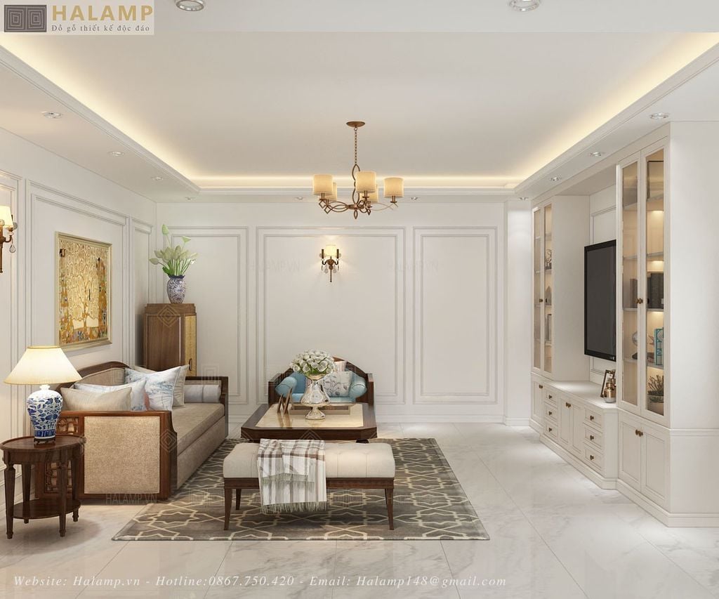 Thiết kế phòng khách tầng lửng nhà phố phong cách tân cổ điển