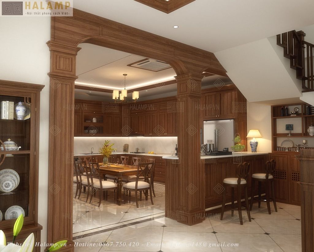 Vòm gỗ ngăn phòng với nhiều nét châu âu cổ điển