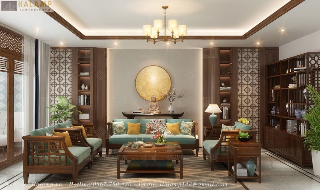 Thiết kế phòng khách nhà phố phong cách Việt Á Đông