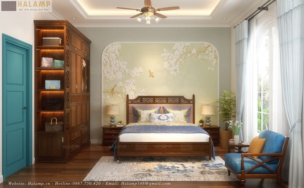 Thiết kế phòng ngủ bố mẹ phong cách indochine nhẹ nhàng