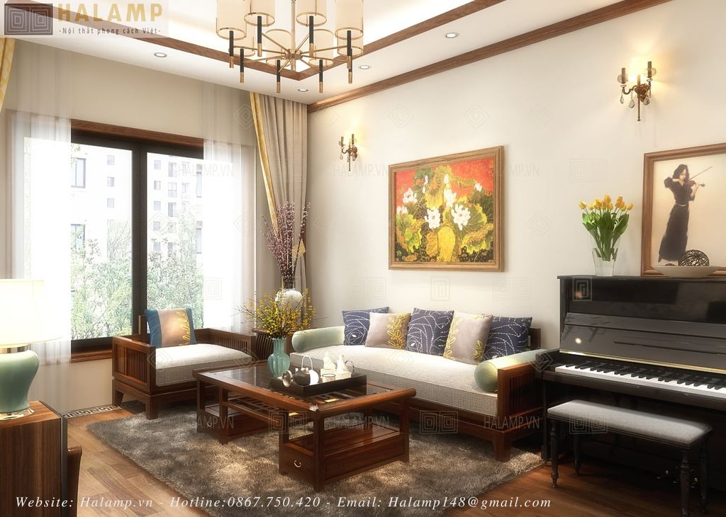 Sofa gỗ Việt trong phòng khách Á Đông hiện đại
