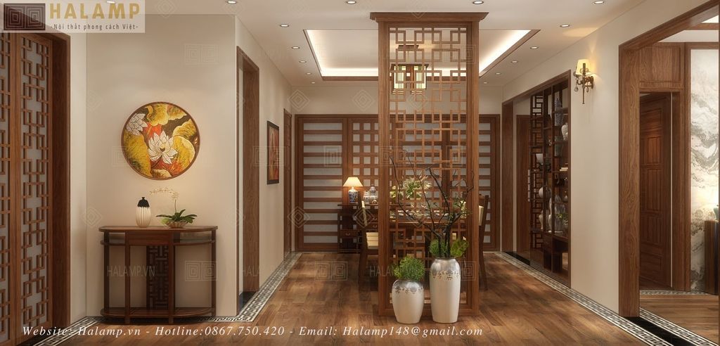 Vách ngăn bình phong với nét họa tiết Á Đông quen thuộc