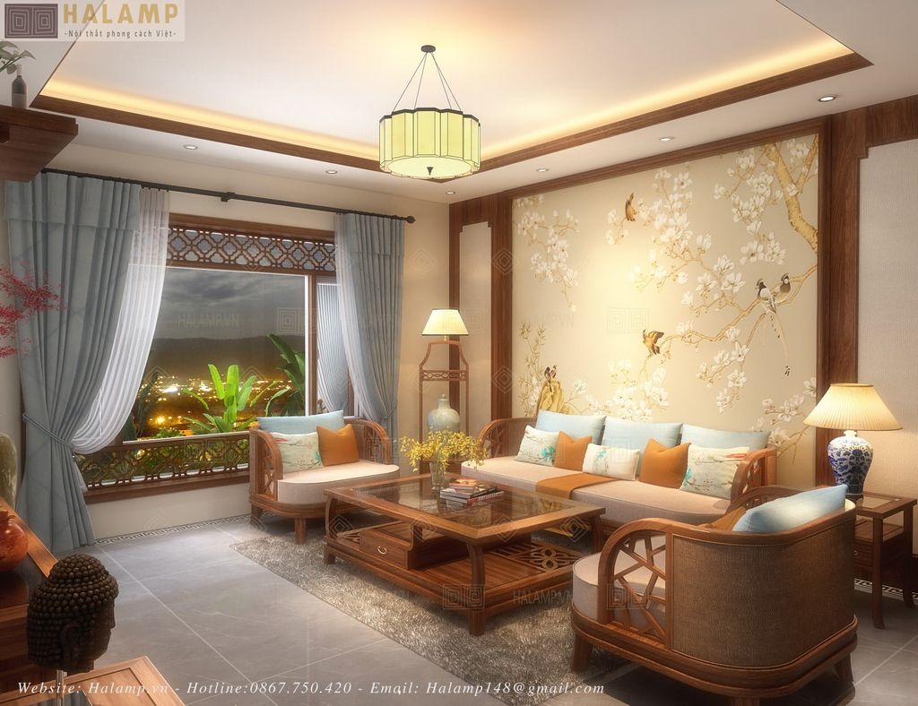 thiết kế phòng khách ấm cúng cho gia chủ trung niên