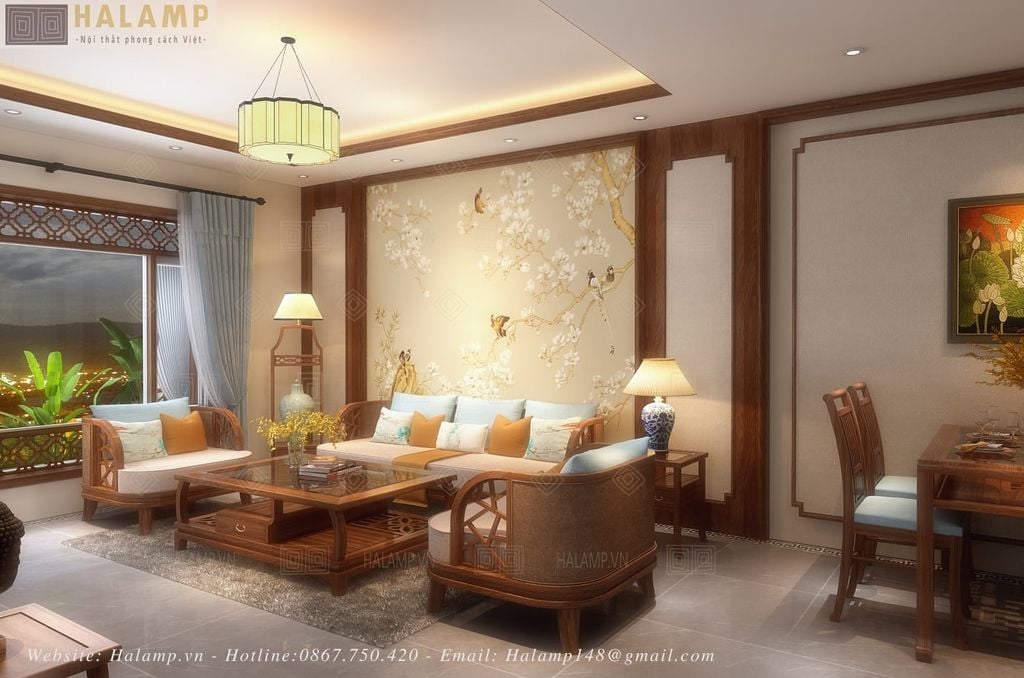 thiết kế phòng khách ấm cúng cho gia chủ trung niên