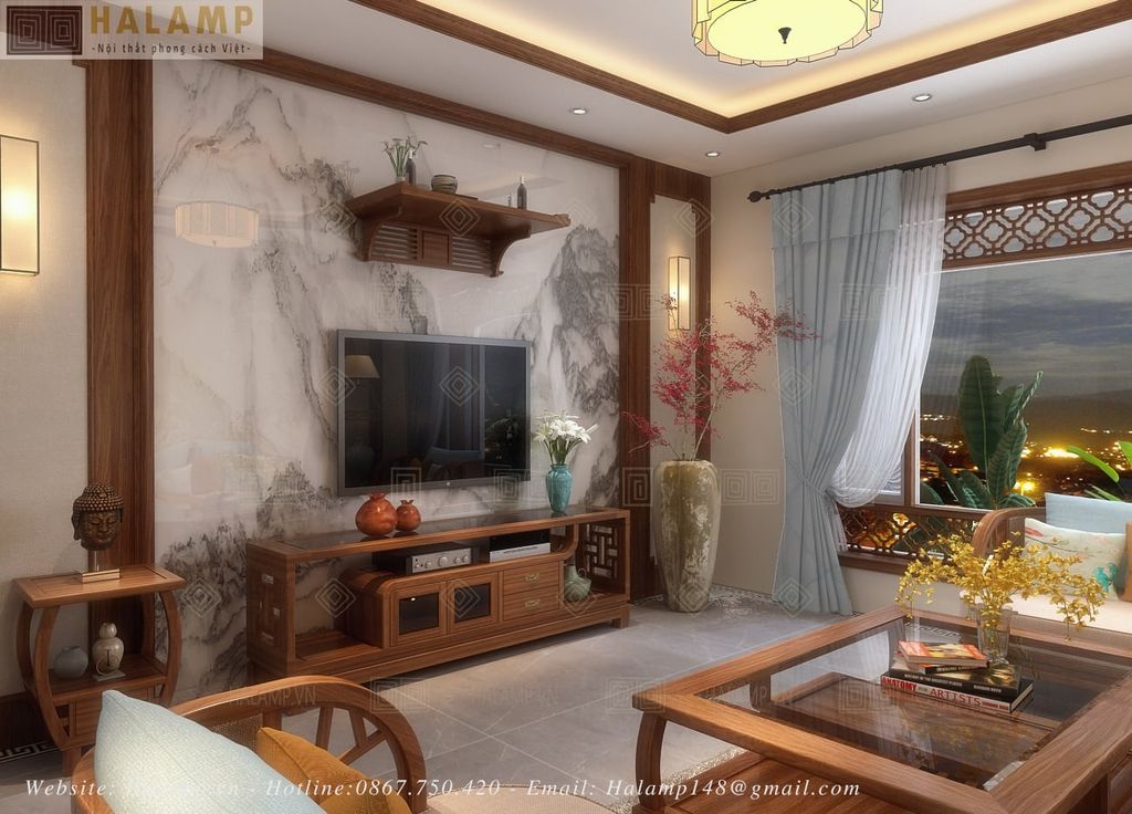 Kệ ti vi tự nhiên phòng khách ấm cúng cho gia chủ trung niên