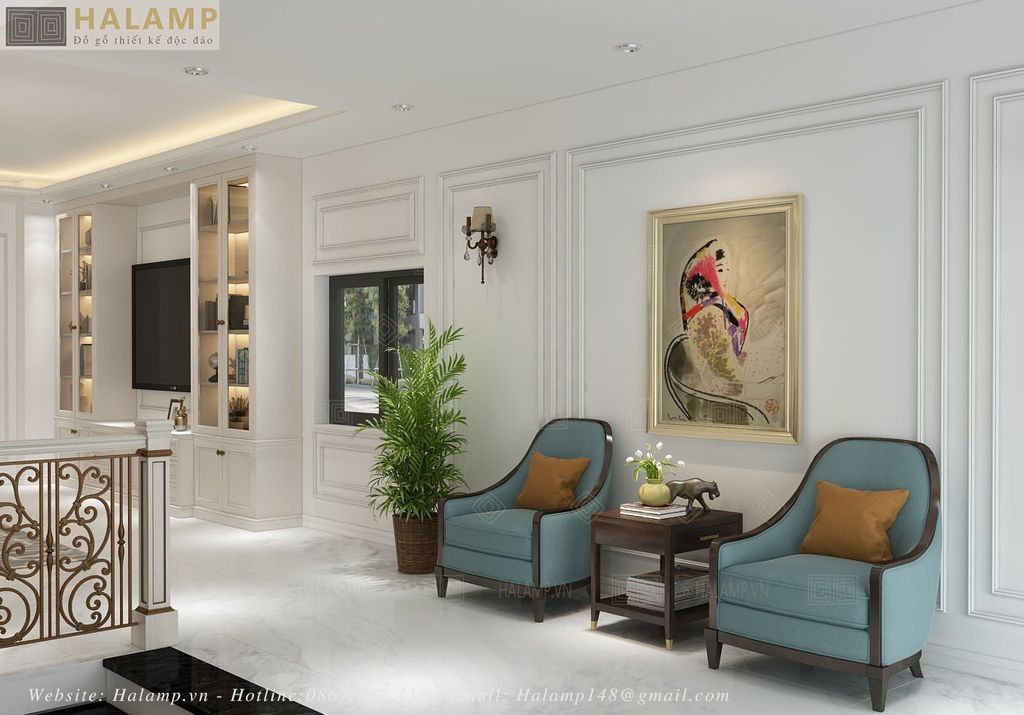 Thiết kế phòng khách tầng lửng nhà phố phong cách tân cổ điển