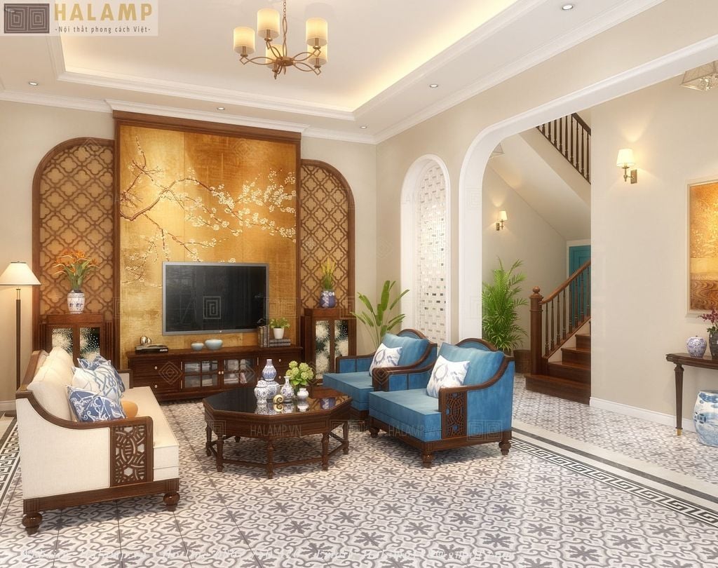 Thiết kế phòng khách indochine nhẹ nhàng