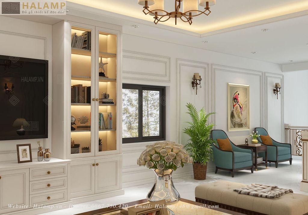 Thiết kế phòng khách tầng lửng nhà phố phong cách tân cổ điển