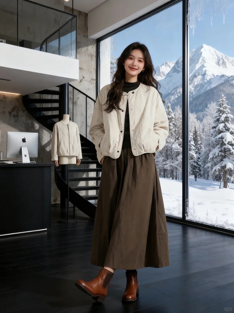 chân váy màu nâu mặc với áo gì