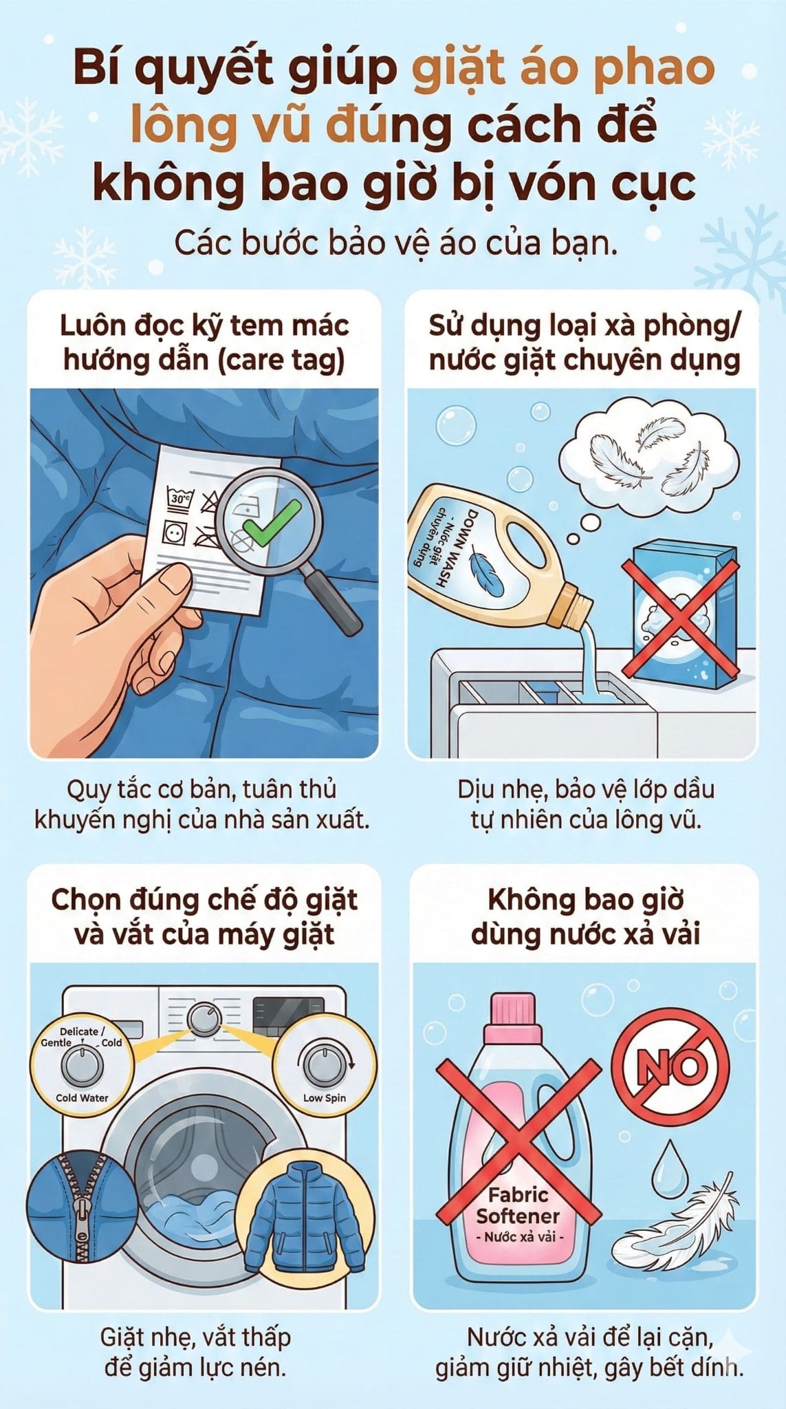 Bí quyết giúp giặt áo phao lông vũ đúng cách để không bao giờ bị vón cục