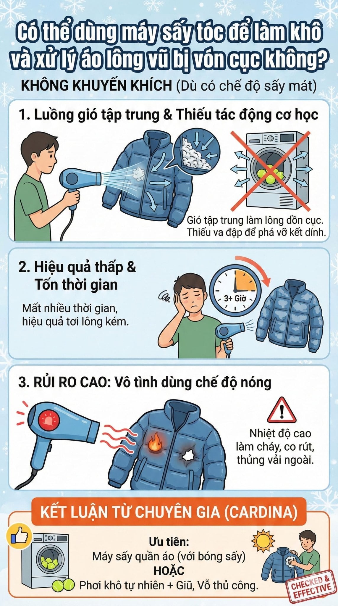 Có thể dùng máy sấy tóc để làm khô và xử lý áo lông vũ bị vón cục không?