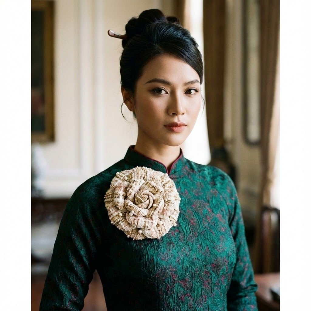 Hoa trà (Camellia) vải tweed sang trọng