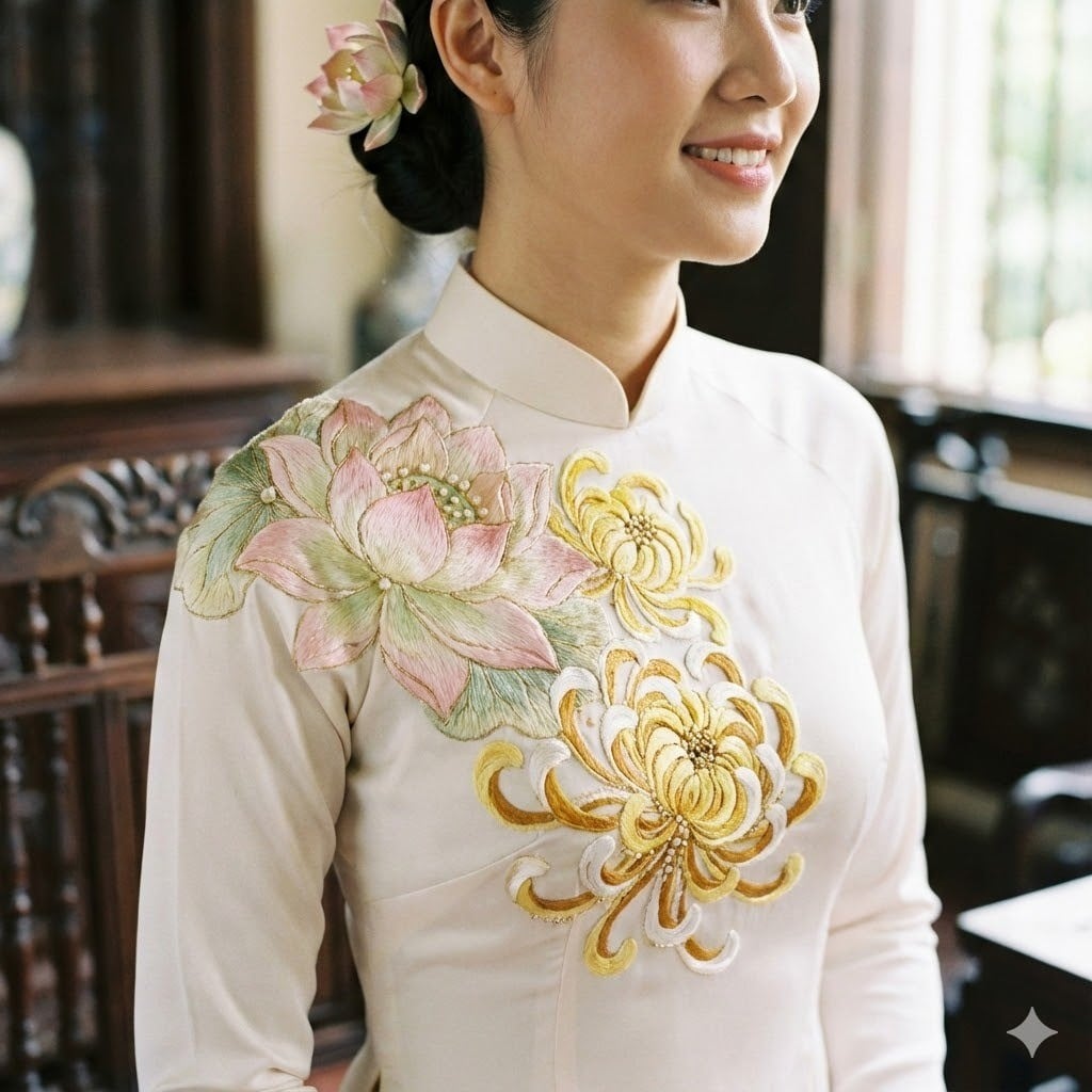 Áo dài cổ đứng thêu tay thủ công