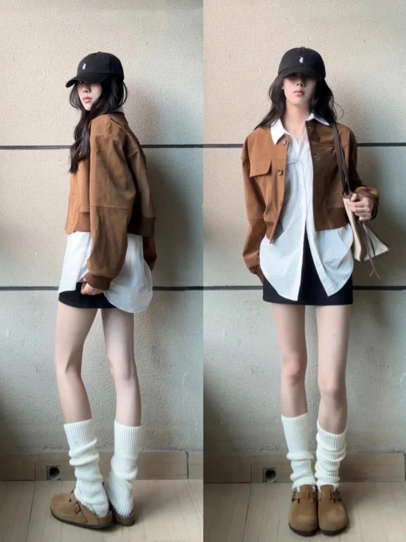 21. Áo khoác dạ nâu + Sơ mi trắng layer + Chân váy ngắn