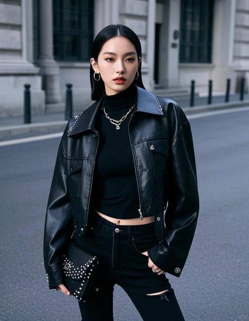 1. Áo khoác da biker croptop + Áo cổ lọ + Quần skinny jeans rách