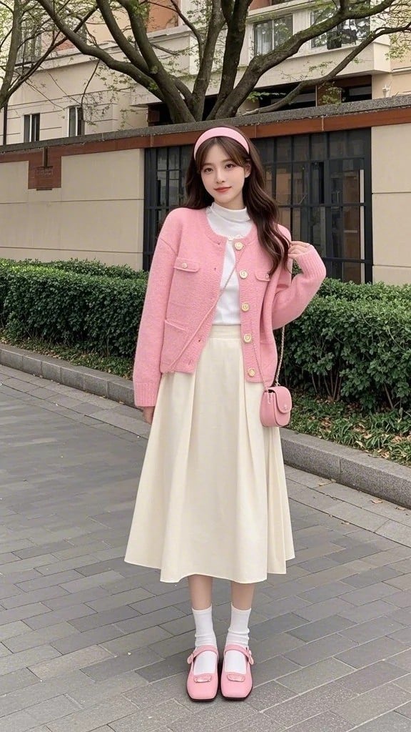 Chân váy màu be phối với áo gam màu Pastel (Hồng, Xanh mint)