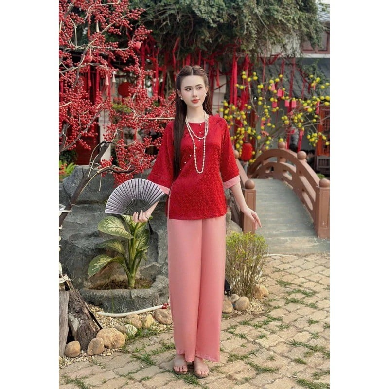 Áo bà ba ren đỏ tay lửng phối màu
