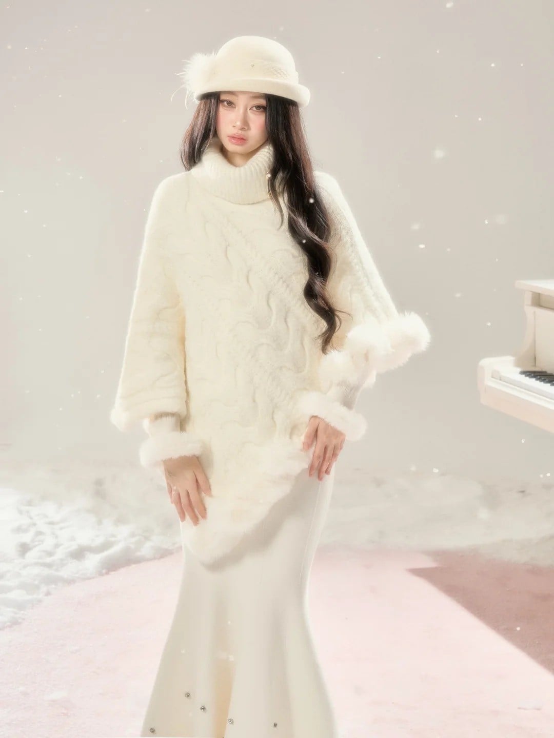 4. Áo choàng len + Chân váy đuôi cá và mũ lông