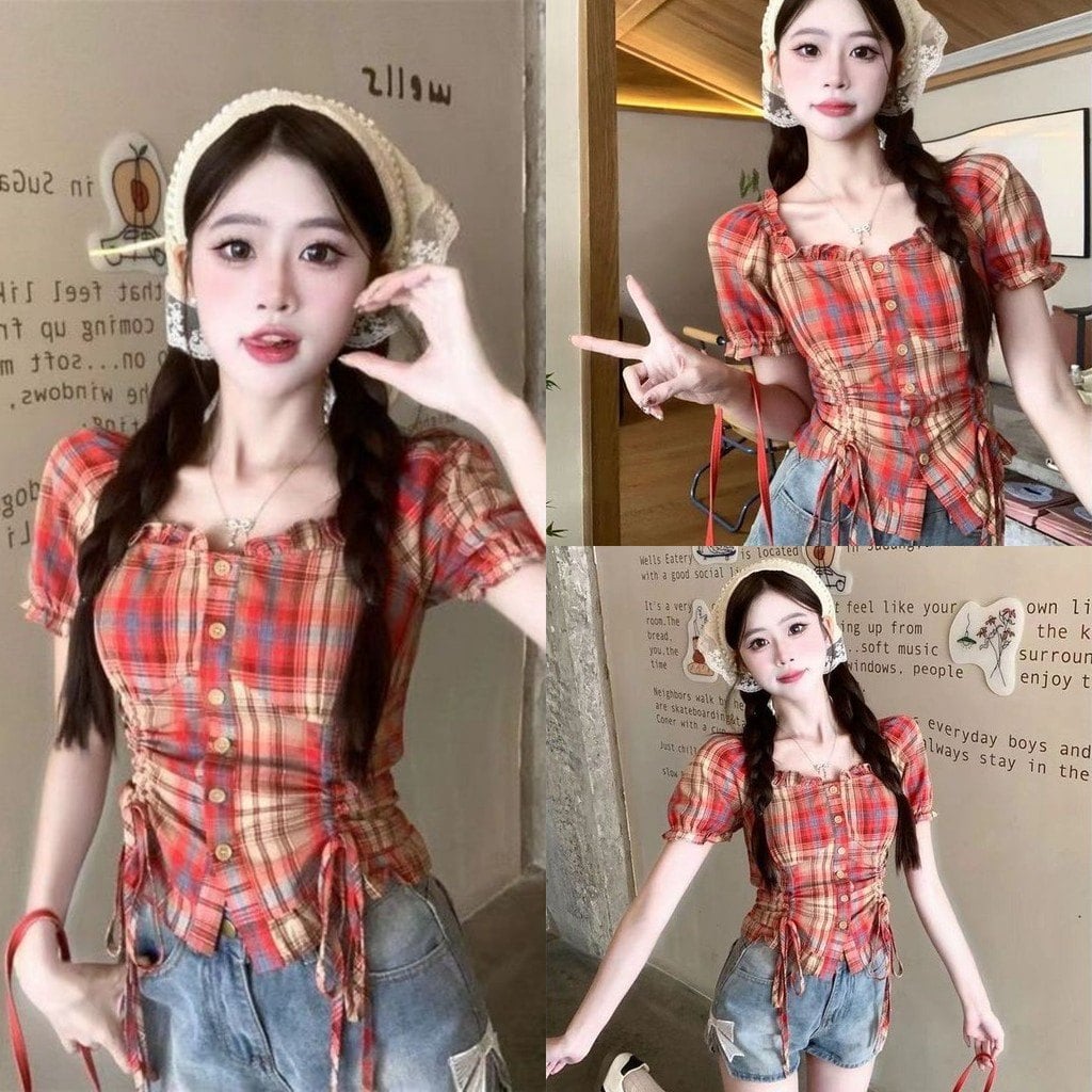 Áo kiểu cổ chữ U thắt nơ tay bồng