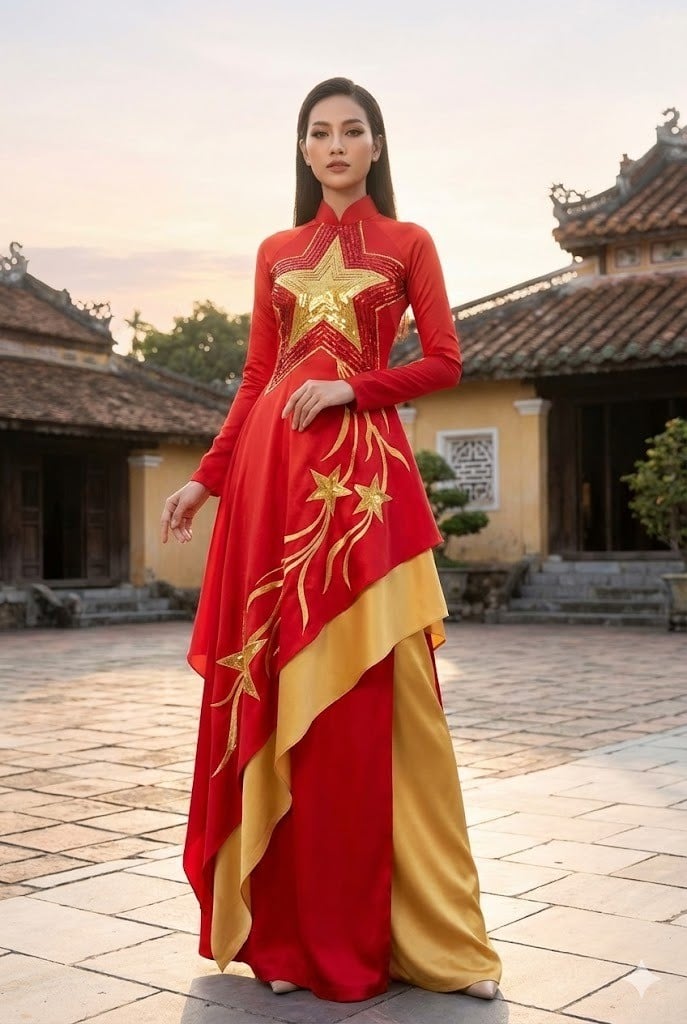 Mẫu áo dài cờ đỏ sao vàng cách tân