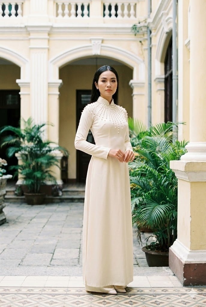 Áo dài cổ đứng đính ngọc trai
